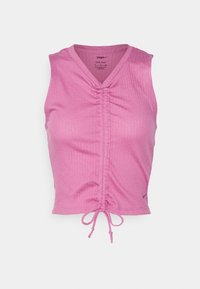 Top corto senza maniche rosa in tessuto a costine con dettaglio arricciato sulla parte anteriore e orlo regolabile con coulisse. Design a V.