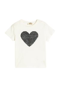 Weißes Baumwoll-T-Shirt mit einem großen, schwarzen, mit Pailletten besetzten Herzdesign in der Mitte. Kurze Ärmel und ein Rundhalsausschnitt.