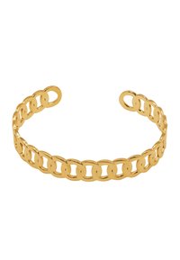 Bracciale in oro con design a catena circolare intrecciata. Finitura in metallo liscia con estremità aperte per una regolazione facile.