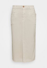 Beige Denimrock mit tailliertem Bund, vorderer Schlitz und zwei Taschen. Mit tonal abgesteppten Nähten und einem Knopfverschluss am Bund.