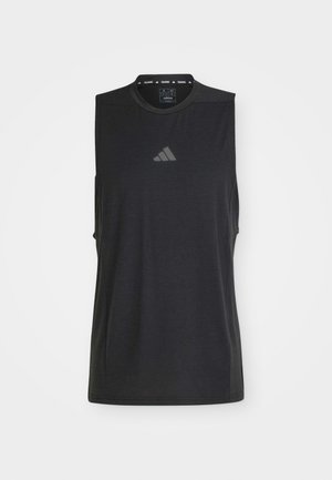 Black sleeveless athletic shirt made of lightweight fabric, featuring a round neck and a subtle logo at the center. Smooth texture, minimalist design.