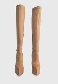 Stivali in suede beige alti fino al ginocchio con punta a punta, tacco geometrico e cerniere laterali per la regolazione della vestibilità, caratterizzati da una superficie liscia.