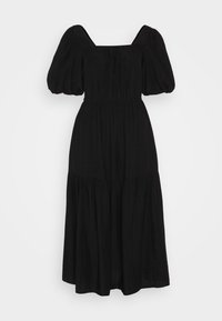 Robe midi noire avec manches courtes bouffantes, encolure carrée, taille cintrée et jupe à volants sur un fond uni.