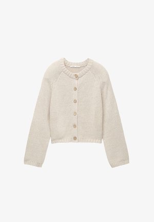 Beige knitted cardigan with long sleeves and five wooden buttons down the front, featuring a round neckline and ribbed cuffs and hem.