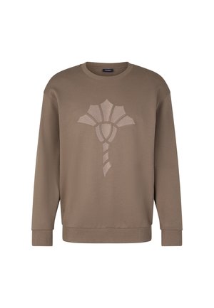 Felpa marrone con colletto a costine, caratterizzata da una grande grafica beige chiaro al centro. Maniche lunghe e polsini elasticizzati.