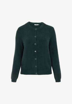 Cardigan tricotat verde închis, guler circular, mâneci lungi, închidere cu șase nasturi cu accente metalice, țesătură texturată.