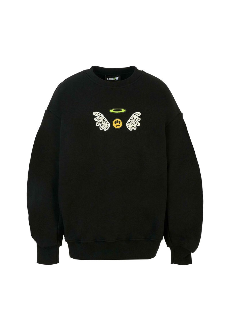 Felpa nera con scollo rotondo, vestibilità oversize e design ricamato che presenta ali, un alone e un volto sorridente in giallo.
