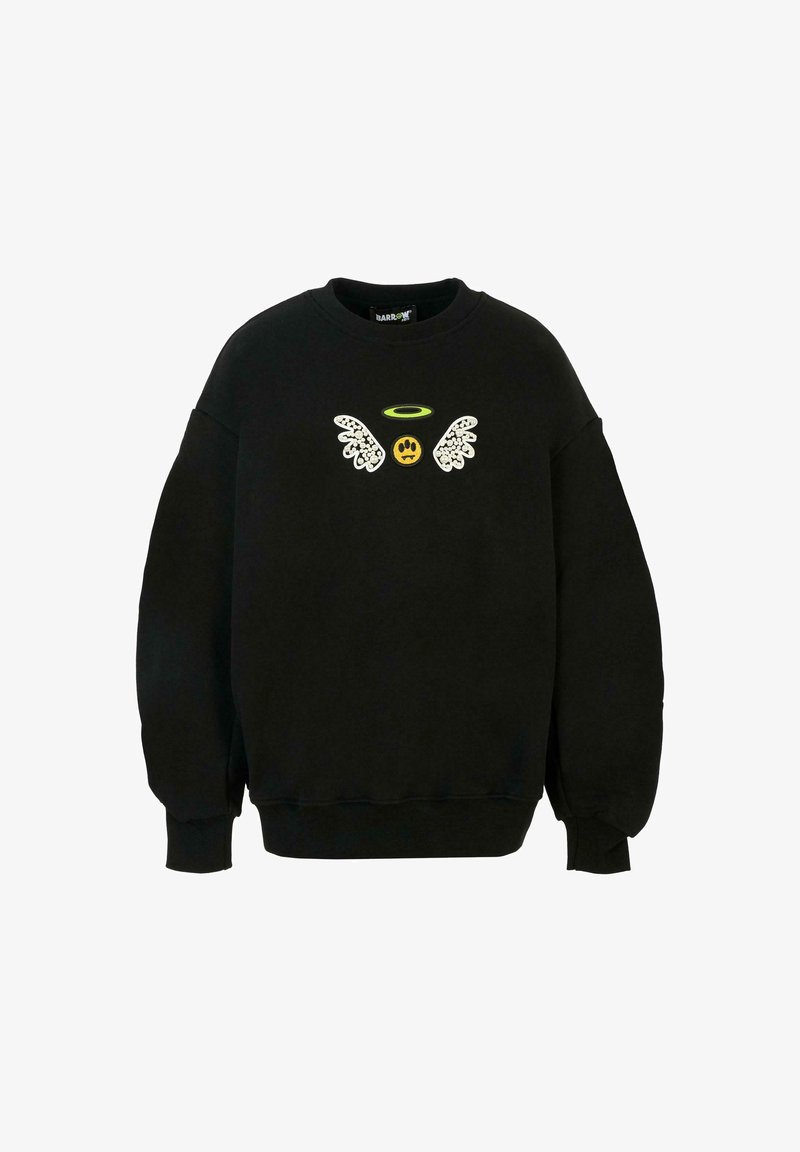 Felpa nera con scollo rotondo, vestibilità oversize e design ricamato che presenta ali, un alone e un volto sorridente in giallo.