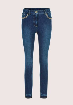 Schmale Jeans aus dunkelblauem Denim, mit Kettenakzenten an den Vorderaschen, einem Knopfverschluss und goldenen Nähten entlang der Nähte.