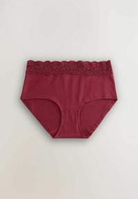 Bordeaux katoenen hipsterondergoed met een decoratieve kanten tailleband, met een gladde textuur en een klassiek snijontwerp.