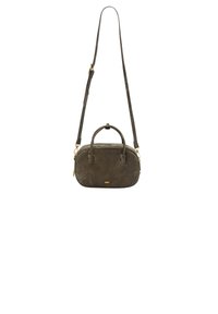 Oliivivihreä nubukkilaukku, jossa on rakenteellinen soikea muoto, kaksinkertaiset yläkahvat ja irrotettava olkahihna; varusteltu kultasävyisellä metalliosilla.