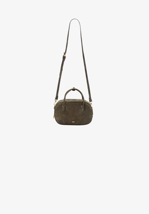 Olive green suede handbag with a structured oval shape, dual top handles, and a detachable shoulder strap; features gold-tone hardware.