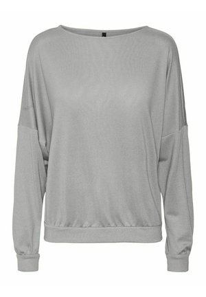 Pull léger gris clair à manches longues, encolure large, épaules tombantes, poignets ajustés et taille élastique.