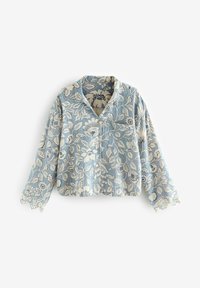 Light blue button-up blouse with white floral and leaf pattern, long sleeves, and scalloped lace edges on cuffs.