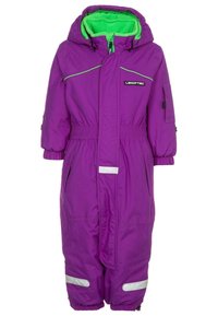 Fioletowy, ocieplany ogrodniczy z zielonym polarowym wyko�ńczeniem, odblaskowe paski, zamek błyskawiczny, elastyczne mankiety oraz regulowany pas.