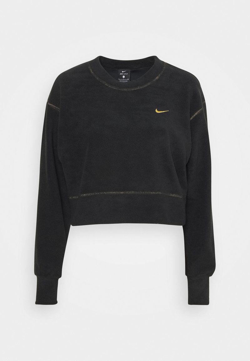 Schwarzes, kurzes Sweatshirt aus weichem Material. Mit langen Ärmeln, rundem Halsausschnitt und goldenem Nike-Logo auf der Brust. Sichtbare Kontrastnähte.