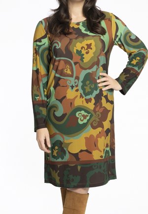 Long-sleeve dress featuring a bold floral pattern in earthy tones of green, brown, and yellow. Smooth fabric with a relaxed fit.