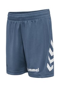 Szare sportowe szorty wykonane z gładkiej tkaniny, z elastycznym paskiem w talii i białym wzorem w kształcie szewrona na boku wraz z logo marki.