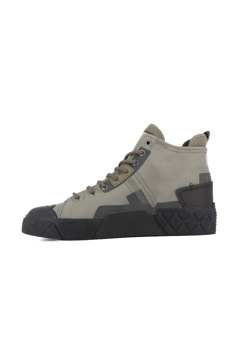 High-top sneakers in earthy green canvas with a black rubber toe cap and textured sole. Features metal eyelets and a rear pull tab.