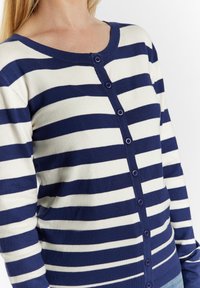 Tamsiai mėlynas ir baltas juostuotas kardiganas, trikotažas, apvalus iškirpimas, mygtukų užsegimas priekyje, ilgomis rankovėmis, su tolygiai išdėstytomis horizontalinėmis juostomis.