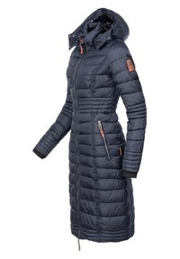 Marinblå pufferjacka med huva, med kviltad textur, sidofickor med dragkedja och elastiska ärmslut, tillverkad av vattenavvisande material.