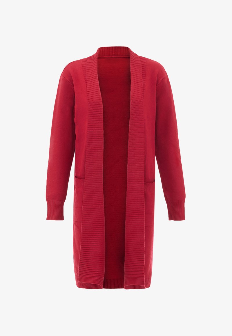 Red knit cardigan with long sleeves, open front, ribbed edges, and two front pockets, featuring a soft, smooth texture.