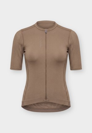 Maillot de cyclisme ajusté marron à manches courtes avec fermeture éclair frontale et tissu en mesh sur les manches et les côtés, marqué "Isadore" sur la poitrine.