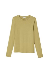T-shirt à manches longues, vert olive clair, fabriqué en tissu doux, avec un col rond et des bords légèrement effilochés au niveau des manches.