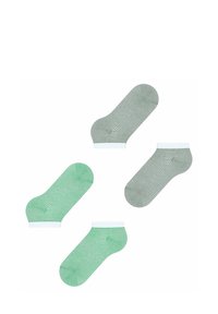 Gestreifte Knöchelsocken in Grün und Grau, mit dünnen weißen Bündchen. Weiches Baumwollmaterial mit gerippter Textur.