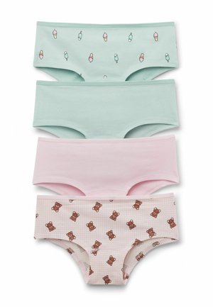 Quatre paires de sous-vêtements hipster pour filles dans des couleurs pastel : deux vert menthe avec imprimés de glaces, un rose uni et un rose avec imprimés d'oursons en peluche.