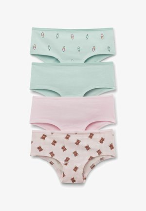 Quatre paires de sous-vêtements hipster pour filles dans des couleurs pastel : deux vert menthe avec imprimés de glaces, un rose uni et un rose avec imprimés d'oursons en peluche.