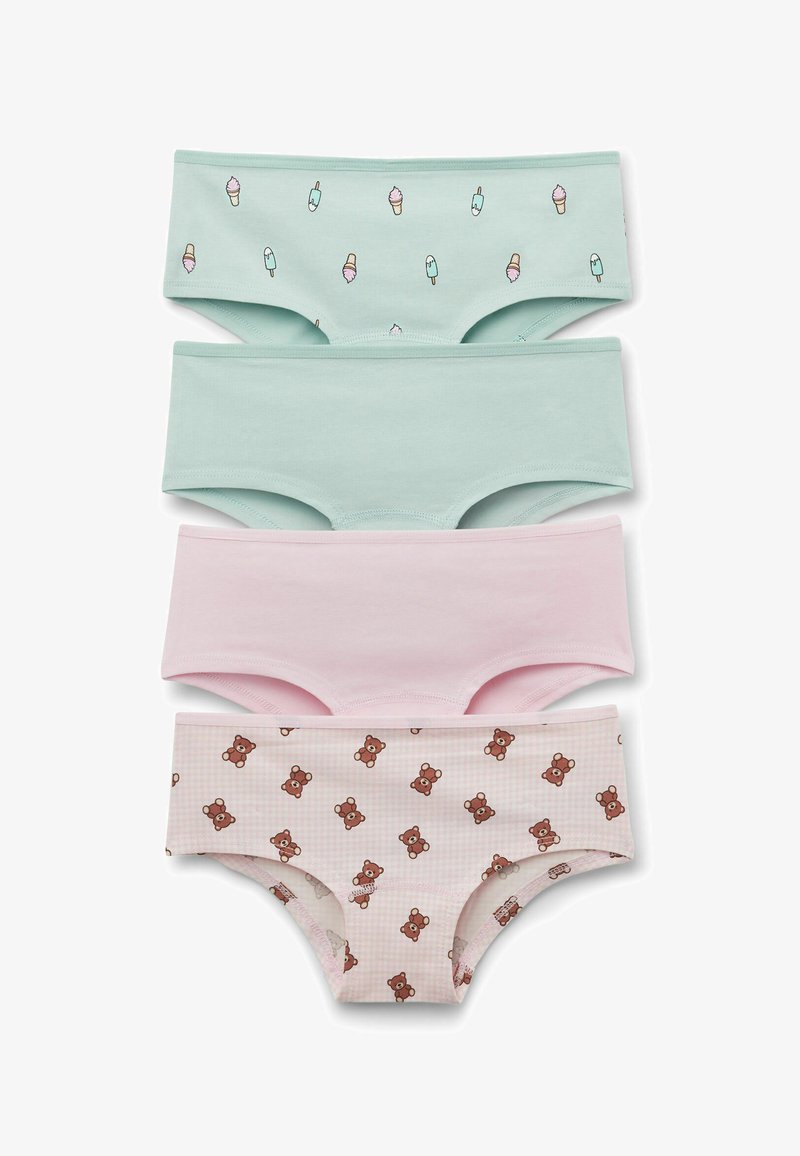 Quatre paires de sous-vêtements hipster pour filles dans des couleurs pastel : deux vert menthe avec imprimés de glaces, un rose uni et un rose avec imprimés d'oursons en peluche.