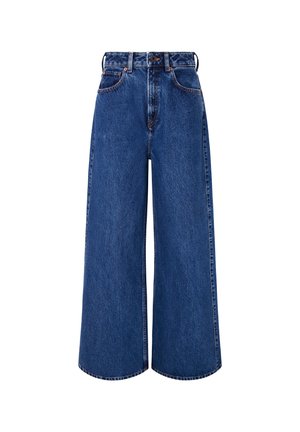 Jeans in denim a gamba larga di colore blu scuro. Caratterizzati da vita alta, cuciture a contrasto, tasche frontali e chiusura con bottone.