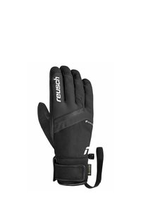 Svarta vattentäta handskar med strukturerad yta, utrustade med en säker handledsrem och framträdande märkning. Designade för térmal isolering.