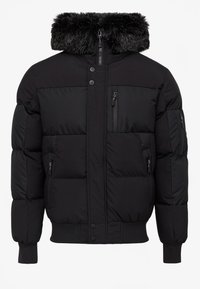 Černá péřová bunda s kapucí ozdobenou kožešinou, se zapínáním na zip a knoflíky, žebrovanými manžetami a několika kapsami na zip.