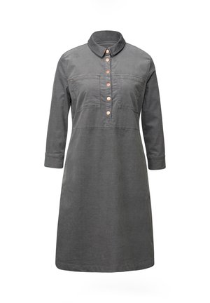 Gray knee-length dress with a collar, long sleeves, front button placket, two chest pockets, and a slightly textured fabric.