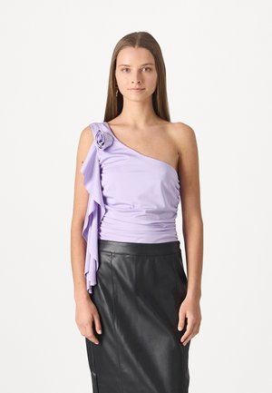 Lilac one-shoulder top with ruffle and rose detail, fitted design, smooth texture, paired with a black leather skirt.