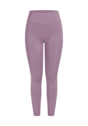 Lila Leggings aus einem glatten, elastischen Stoff. Hohe Taille, knöchellange Ausführung, mit einem minimalistischen Stil ohne Verzierungen.