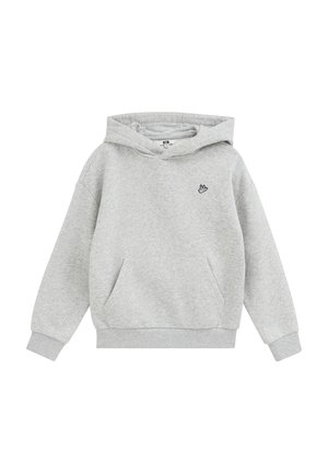 Sweat à capuche gris clair avec manches longues, poche avant, poignets et ourlet côtelés, et petit logo main noir brodé sur la poitrine.