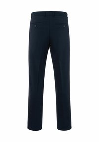 Marineblauwe Hose mit geradem Schnitt, ausgestattet mit einer glatten Textur, zwei Gesäßtaschen mit Knöpfen und einem klassischen Taillendesign.