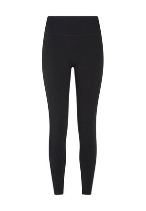 Černé legíny vyrobené z elastického materiálu, s vysokým pasem a délkou kanklům, hladkou texturou a bez viditelných vzorů.
