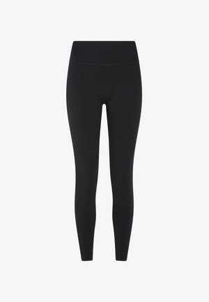 Svarta leggings tillverkade av elastiskt material, med hög midja och ankellång design, slät textur och inga synliga mönster.