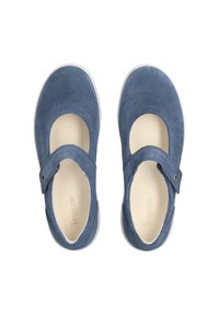 Zapatos Mary Jane de ante azul con punta redonda, abertura superior amplia, correa ajustable con botón y suela de goma blanca.
