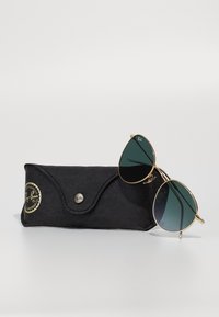 Occhiali da sole con montatura dorata e lenti verde scuro appoggiati su una custodia in pelle nera con chiusura a scatto e dettagli del logo in rilievo dorato.