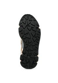 Černá gumová podrážka s trojúhelníkovými vzory, béžovými bočními akcenty a strukturovaným designem. Vhodná pro trakci a venkovní použití.