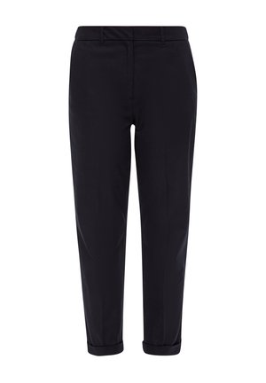 Schwarze Hose aus glattem Stoff mit tailliertem Schnitt, ausgestattet mit einem Reißverschluss, Seitentaschen und umgeschlagenen Säumen.