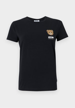 Sort kortærmet Moschino T-shirt med et lille bamseansigt og teksten "Moschino Underbear" på øverste venstre bryst.