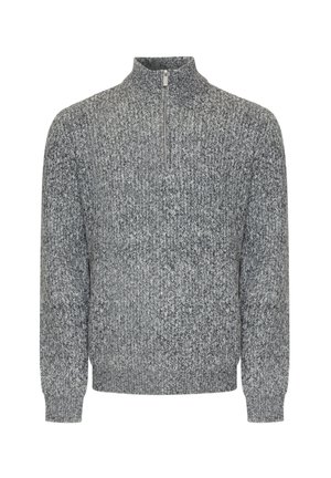 Grijze gebreide trui met een halferige ritskraag, voorzien van een textuurpatroon en ribgebreide manchetten. Gemaakt van warme, zachte materialen.