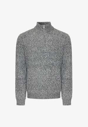 Szary sweter dziany z kołnierzem na pół zamek, z teksturowanym wzorem i ściągaczami. Wykonany z ciepłych, miękkich materiałów.