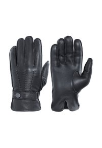 Schwarze Lederhandschuhe mit einem eleganten Design, verziert mit genähten Details auf der Rückseite und einem Handgelenkband mit Druckknopfverschluss.